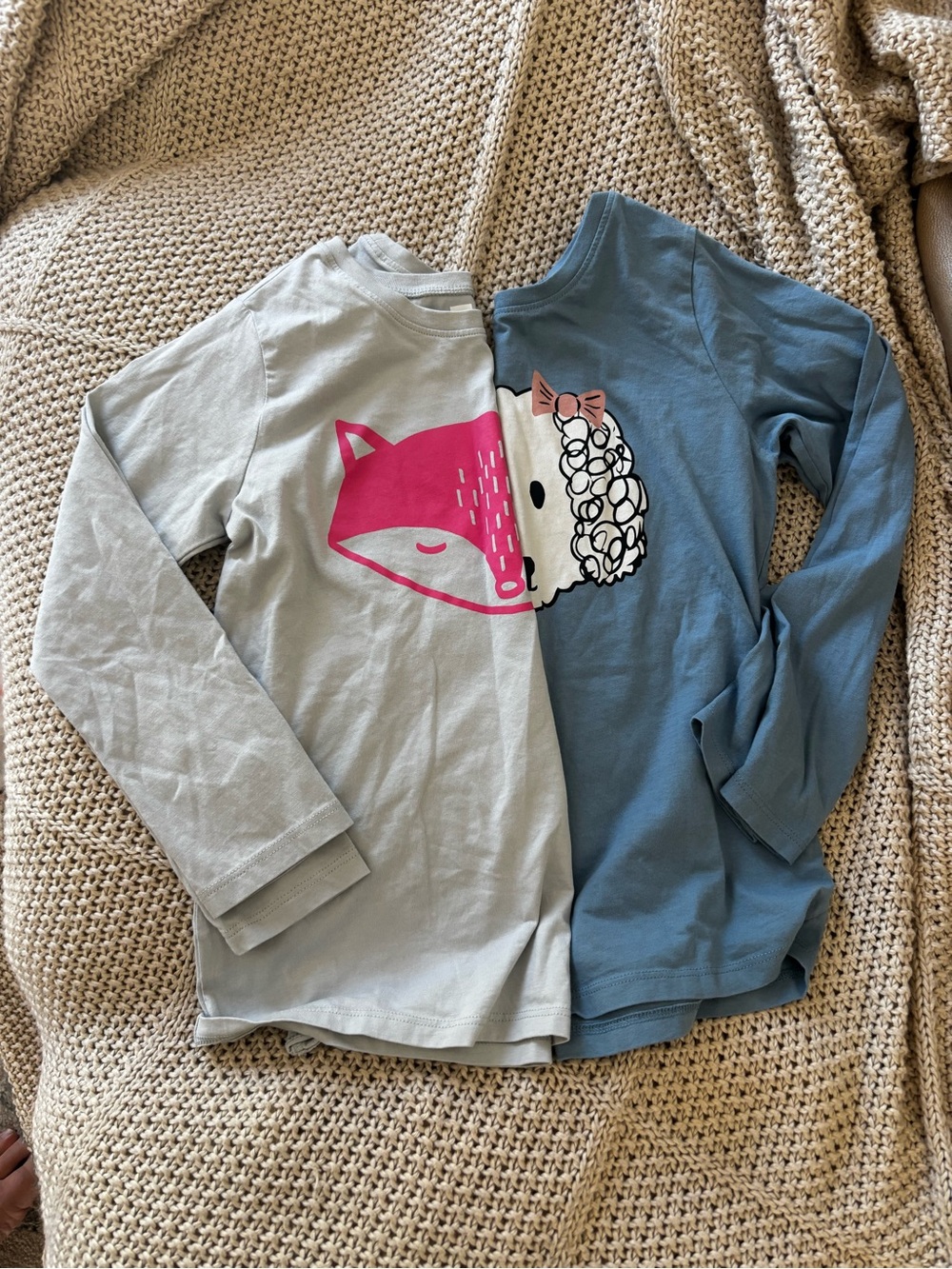 Tea Collection Kids Long Sleeve Split Fox and Sheep Graphic Top in Pink & Blue